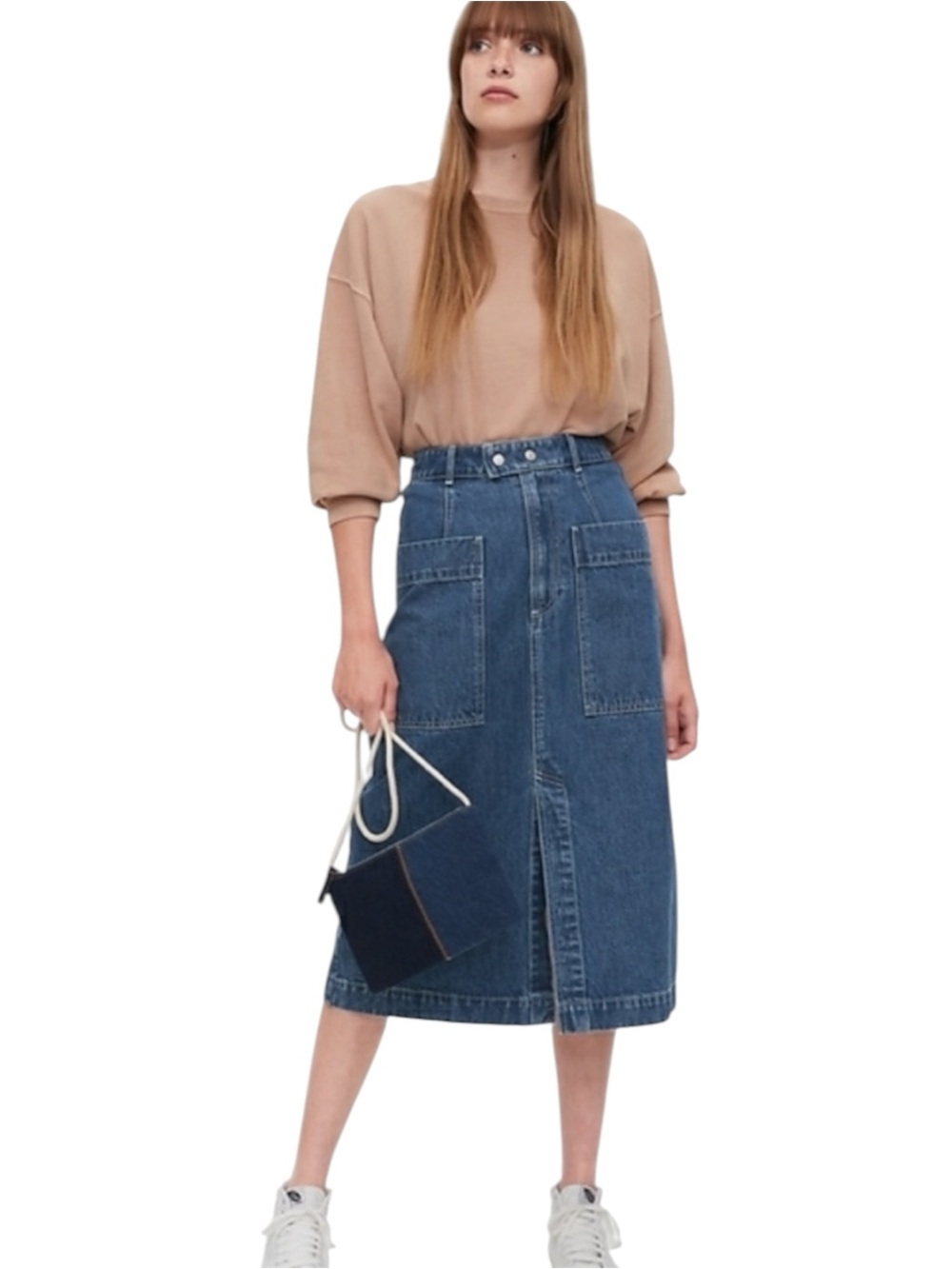 GAP Denim A-line Midi Skirt Size 0 Utility Pocket High Waist Medium Blue Wash